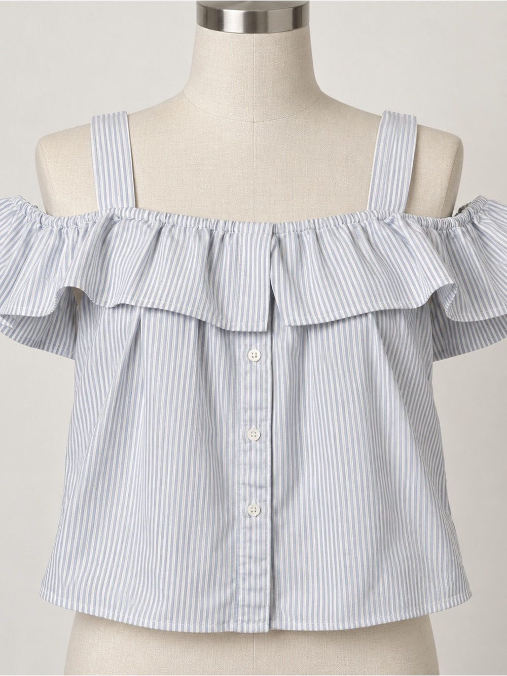 Zara Light Blue and White Striped Off-Shoulder Ruffle Top